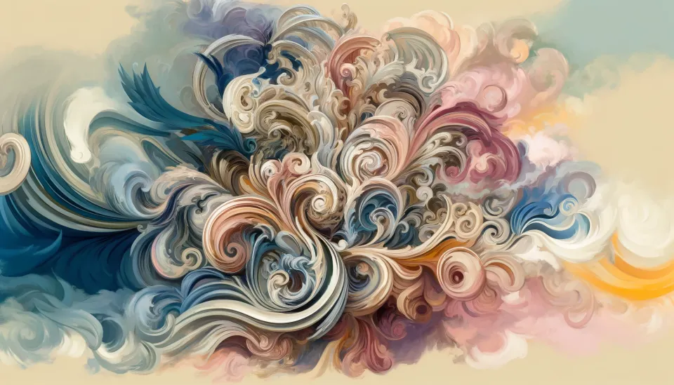 A mix of fluid and intricate forms, using a palette of pastel colors typical of the rococo style.