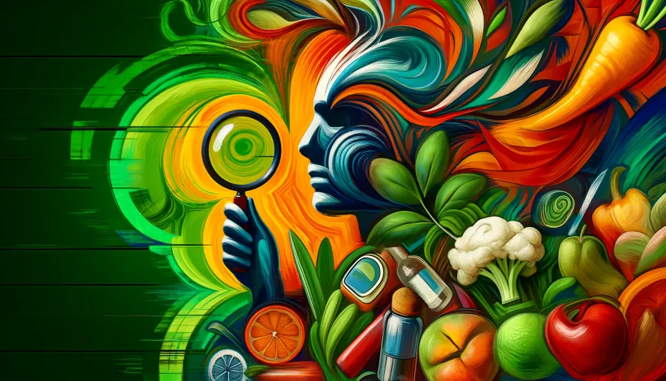 An abstract, expressionist image of a person with a looking glass surrounded by vegetables