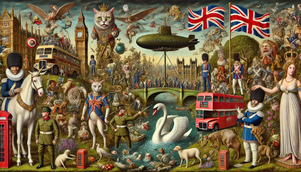 Surreal Bosch-style scene with a military goat, ceremonial swan, and whimsical British symbols in chaos.