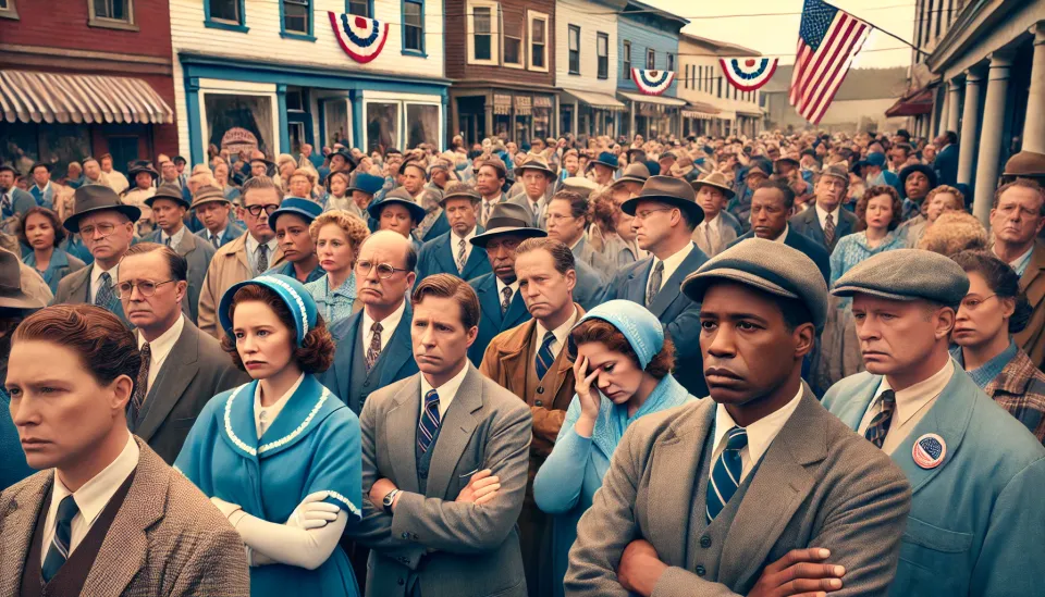 A diverse crowd of blue-clad supporters shows disappointment in a nostalgic small-town setting.