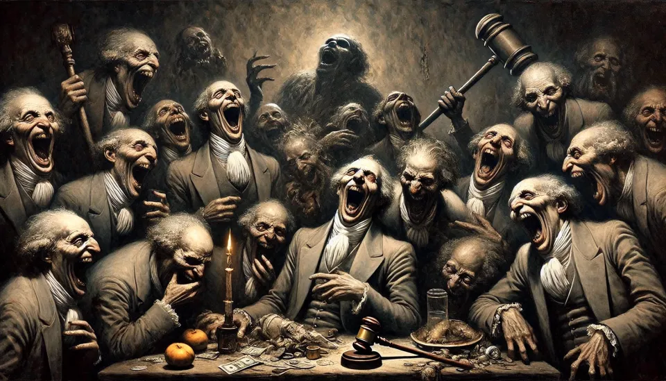 A dark scene of conservatives laughing uncontrollably, their faces twisting into monstrous forms.