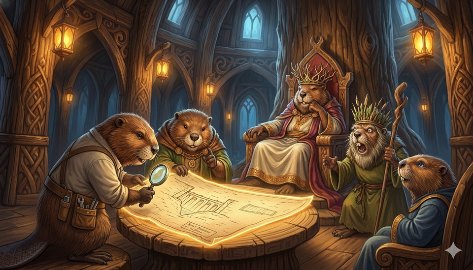 Six fantasy beavers gather around a glowing blueprint in a grand, hollowed-out log cathedral. 